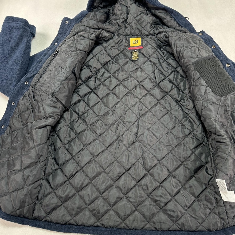 CAT Active Work Jacket Mens Medium Navy Blue Hooded Fleece Quilted Lined Durable - Picture 10 of 15